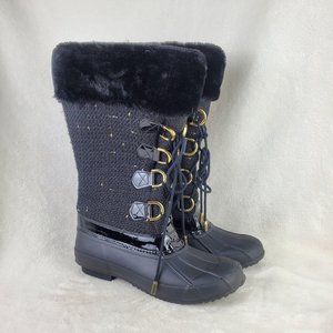 INC Lorinah Black Metallic Tweed Faux Fur Lined Lace Up Mid Calf Duck Boots 10M